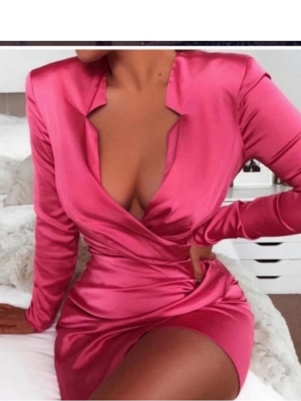 House of CB Satin Wrap Long-Sleeve Mini Dress in Hot Pink
